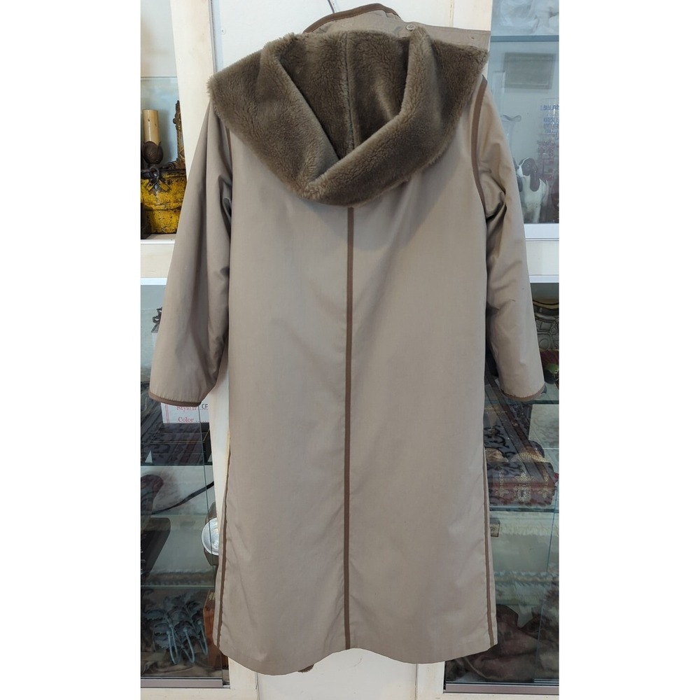 Vintage Orvis Canvas Sherpa Fur Trench Coat Jacket Long Womens 10 Brown Taupe - Picture 10 of 13